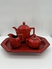 Stunning Vintage PV PEASANT VILLAGE ITALY Tea Set Red Teapot/Creamer/Sugar/Tray picture