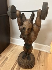 VTG Hand Carved Solid Wood Rhino Weightlifter Circus Unique Art picture