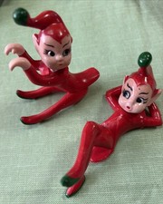 Vintage 2 Kitschy Mid Century Elf Figure Plastic Ornament Pixie Christmas 1950's picture