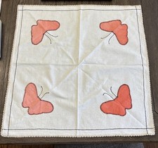 Vintage Embroidered Tablecloth 24x 24 pink Butterflies with a crocheted edge picture