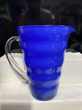 Dansk Rio Blue Glass Pitcher 60 oz Wavy Ripple Design Clear Applied Handle 8.75” picture