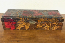 Vintage Flemish Art Pyrography Wood-Burned Floral Motif Keepsake Box picture