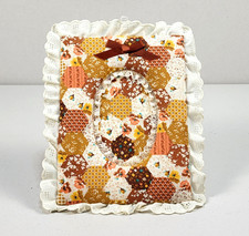 VTG Artisan Photo Frame Cotton Fabric Padded Lace Bow 9x7 Quilt Tan '70s New USA picture