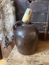 Antique Primitive brown-glazed stoneware jug Cork Old Horn Cup Early Cabin Goods picture