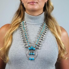 Navajo Native American Turquoise Sterling Silver Squash Blossom Necklace 28 1/2