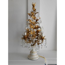 PAIR 1940's Italian Regency Crystal/ Marble/ Gilt Tole Topiary Lamps/ Girandoles picture