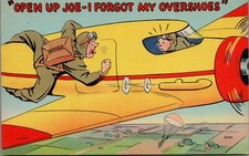 Postcard 1942 Humor Military Paratrooper Tring to get back in Plane  World War picture