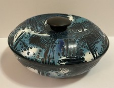 VINTAGE HANOVA OF PASADENA COVERED ENAMELWARE BOWL CASSEROLE BLUE LAVA BRUTALIST picture