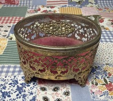 Vtg Hollywood Regency Gold Filigree Jewelry Casket Glass Lid Footed Ormolu Box picture