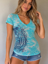 Y2K Harley-Davidson Women’s Sheer Burnout V-Neck Graphic Tee – Size Small picture