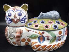VTG Hand painted Potterty Cat w/mouse Potpourri Dish w/lid - Portugal EXC picture