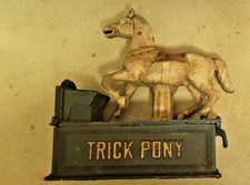Vintage Trick Pony Circus Horse Cast Iron Mechanical Coin Bank picture
