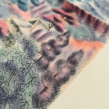 Pastel Hillside #B 14x62 LONG Vintage Japanese Hand Painted Silk Fabric RX62 picture