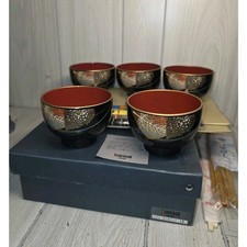 Kansai URUSHI Japanese Lacquer Set Of 5 Soup Bowls Chopsticks With Rests NIB picture