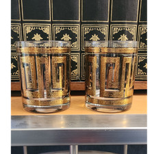MCM set of 2 Culver brand Greek Key style rocks glasses 22k gold raised pattern picture