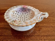 MW & CO. Germany Lustreware Porcelain Tea Strainer And Drip Cup Roses And Gold picture