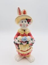 VTG Hand Painted Easter Bunny Figurine Ceramic Holding Egg Basket Pink Yellow picture