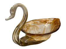 Vtg Hand Blown Amber Art Glass Swan Trinket/Candy Dish, Mid Century Modern Decor picture