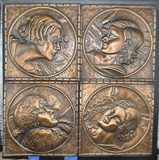 Vintage Lot of 4 A Gilles Repousse Copper Wall Tile Hangings Art Deco Ladies picture