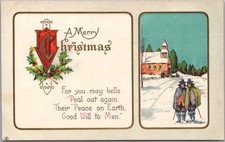 c1910s MERRY CHRISTMAS Embossed Postcard Church Scene / Pilgrim Men STECHER 251D picture
