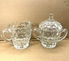 Fostoria American Crystal Cube Glass Clear Creamer & Sugar w/ Lid Set, Vintage picture