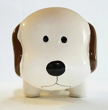 WHITE w/ BROWN MINI CERAMIC DOG PIGGY BANK LARGE SLOT COINS BILLS MONEY SAVE picture