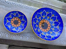 Lg Vintage Juan Gil J Sunflower Folk Art Mexican Talavera Style Footed Bowl Set picture