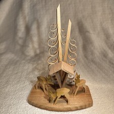 Vtg German Hand Carved Mini Wooden Deer, Pine Trees, & Feed Shelter Dregeno 5.5” picture