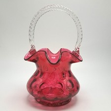 Fenton Cranberry Pink Coin Dot Basket With Applied Clear Twisted Rope Handle picture
