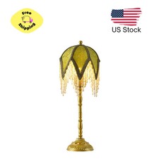 Vintage Victorian Table Lamp Tasselled Beaded Shade Green Gold 3 Color Modes picture