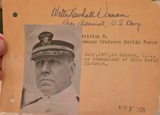 AUTOGRAPH -- WW I and II Admiral Walter Newhall Vernou - Battleship Div. 2 picture