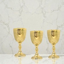 3 Pcs Set Golden Brass Chalice Goblet Handmade Embossed For Gift Cup picture