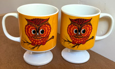 VTG Set 2 Owl Pedestal Mugs Cup Porcelain MCModern Retro Japan 1960s MINT F/S picture