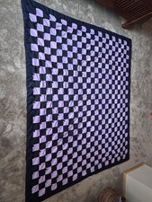Vintage Handmade Woven Checkerboard Quilt Black Lavender 84x100 King picture