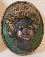 VTG Chalkware 3D Oval Wall Plaque featuring African Woman Bust w/Green Backdrop picture