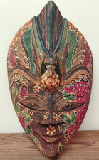 Estate Vintage Tribal Art Mask Indonesian Batik Wooden Hand Carved 10X8 picture