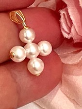 Solid 18k GOLD AAAA Akoya White Pearl Necklace Pendant Cross Natural Sea Pearl picture