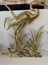 Vintage Gold Tone Brass Crane Heron Bird Sculpture Reeds Pond Decor picture
