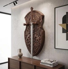 Medieval Style Wall Mounted Decorative Sword Ornate Carved Shield Gothic Home De picture