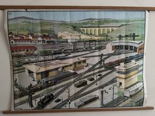Vintage French School Poster.  Railway Road Travel theme Double sided. E picture