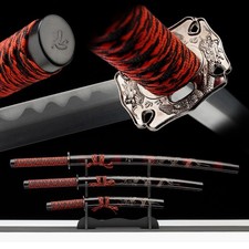 3Pcs Japanese Samurai Sword Set Katana Dragon Tsuba Display Carbon Steel picture