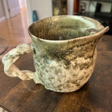 Vintage Art Pottery Pitcher Green Cream Drip Glaze Twisted Rope Handle 4.7” picture