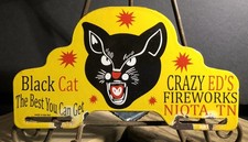 Vintage 1967 Dated Black Cat Crazy Ed’s Fireworks 10” Porcelain Tag Topper Sign picture