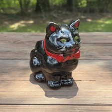 Vtg 1950s Shafford Black Cat Planter Green Eyes Red Bow Redware Japan picture