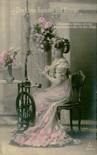 Vtg c1910 German Romance Postcard Lady Spinning Wheel Radium Brom Paper picture