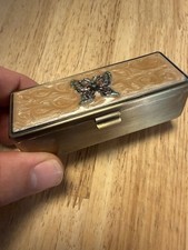Vintage Jeweled Butterfly Enamel Vanity Lipstick Trinket Case w Mirror  picture