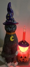 Vintage JC Penny Lighted Resin Black Cat With Pumpkin Statue Halloween Decor 👀 picture