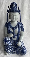 Vintage Japanese Kutani Porcelain Kannon Guanyin Statue Blue & White  Large 15” picture