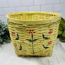 Vintage Old Yellow Hand Painted Woven Wood Basket Red Flower Storage 9” picture